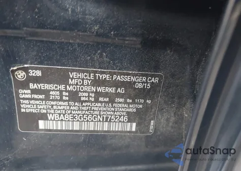 2016 BMW 328I xDrive from USA, damaged, VIN WBA8E3G56GNT75246